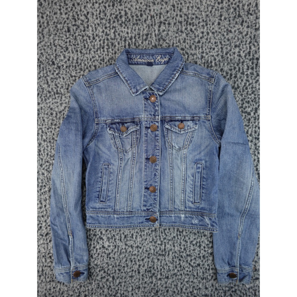 American Eagle Denim Jacket Womens Medium Blue Distressed Cropped Button Up Coat
